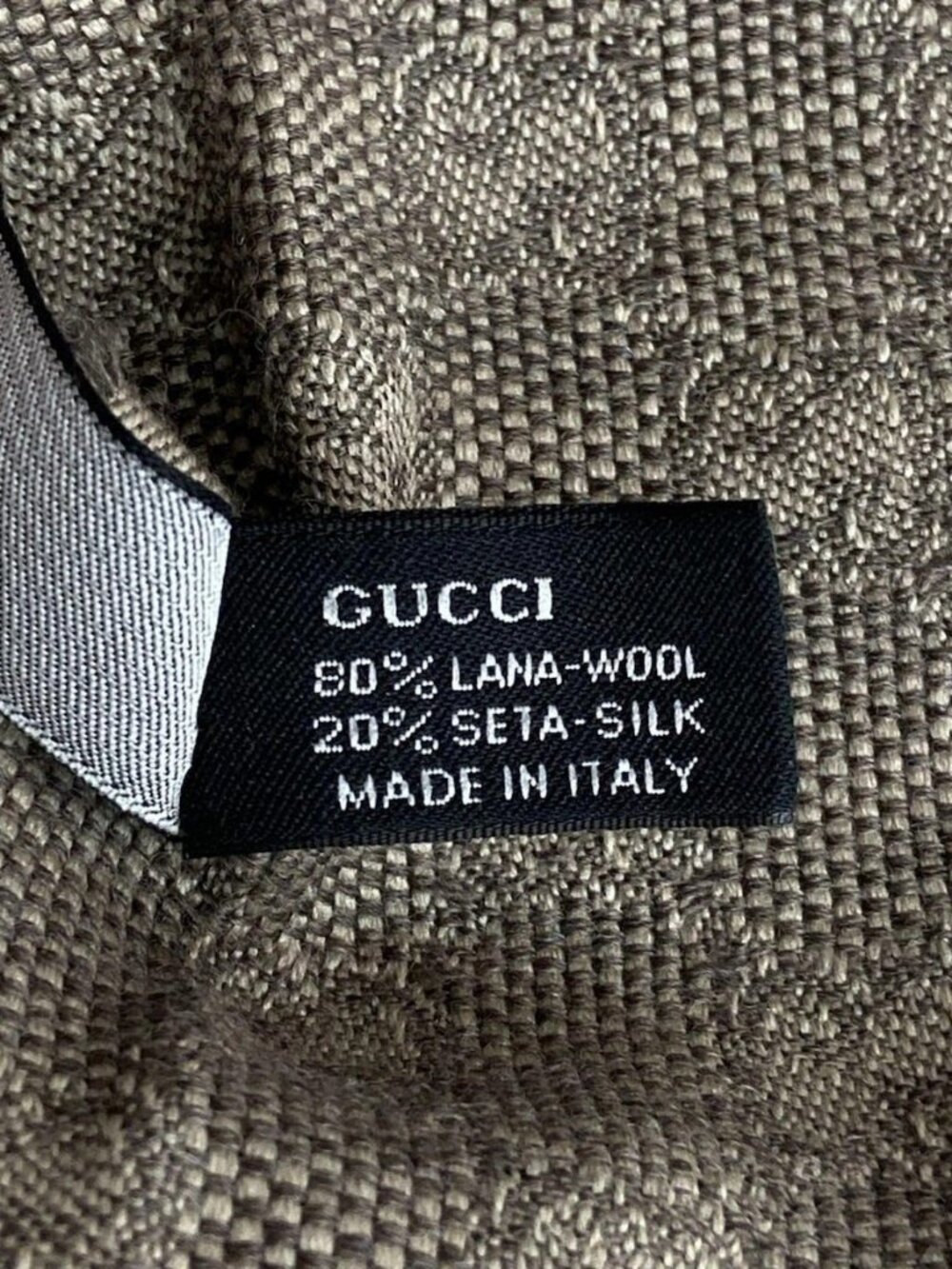 GUCCI - Dark Brown Gray Beige Khaki Wool Silk Scarf - Picture 3 of 5